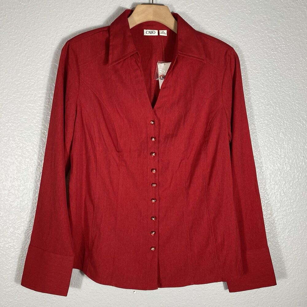 Rich Red Button Down Top Blouse Rhinestone Buttons Women M Career Office Party
